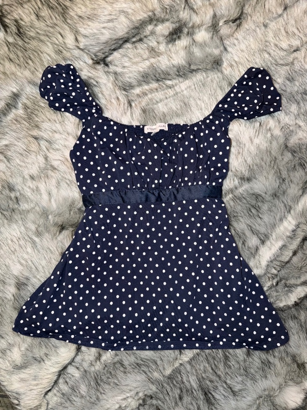 SINCERELY JULES // Navy Blue with White Polka Dots and Ribbon Trim Babydoll Top